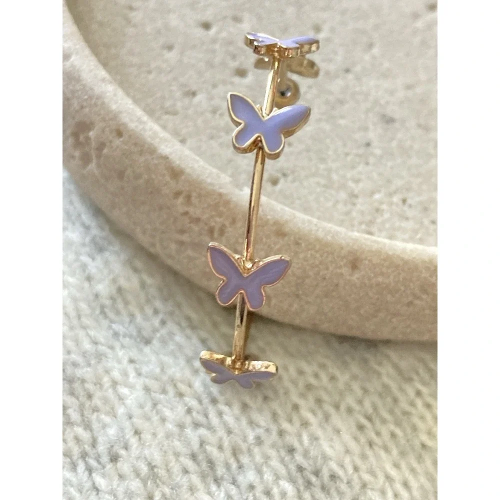Gold Tone Lilac‎ Enamel Butterfly Open Hoop Earrings  Whimsical Fairy Purple